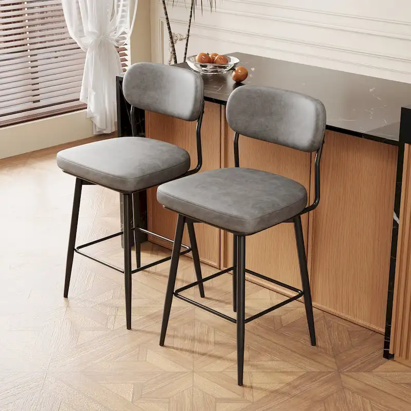 Leather Swivel Bar Stools with Iron Base - Set of 2
