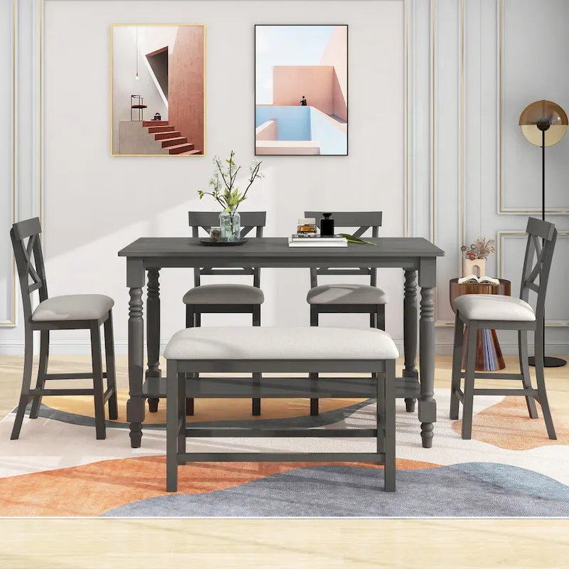 Nestfair 6-Piece Counter Height Dining Table Set with Chairs and Bench