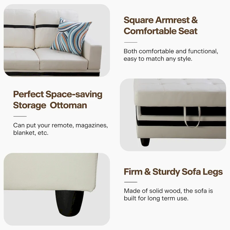 L-Shape Semi PU Leather Living Room Sofa Set with Ottoman,3-Piece