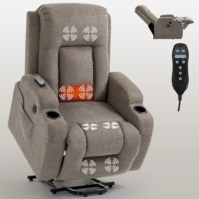 Power Lift Recliner with Massage, Lumbar Heating, USB Charging & Cup Holders, Modern Ergonomic Design