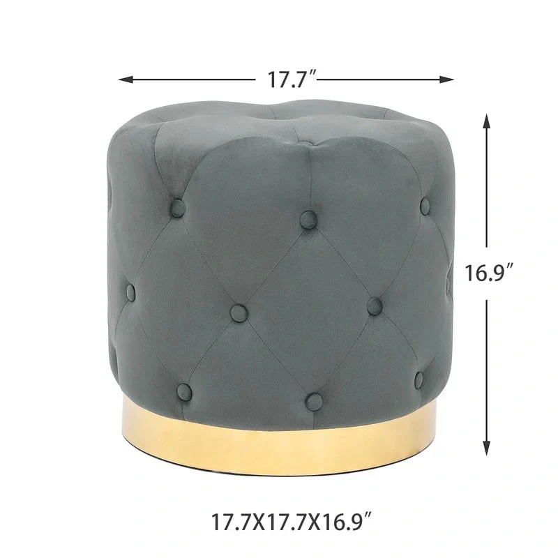 Adeco Round Velvet Ottoman Vanity Footrest Stool Gold Plating Base