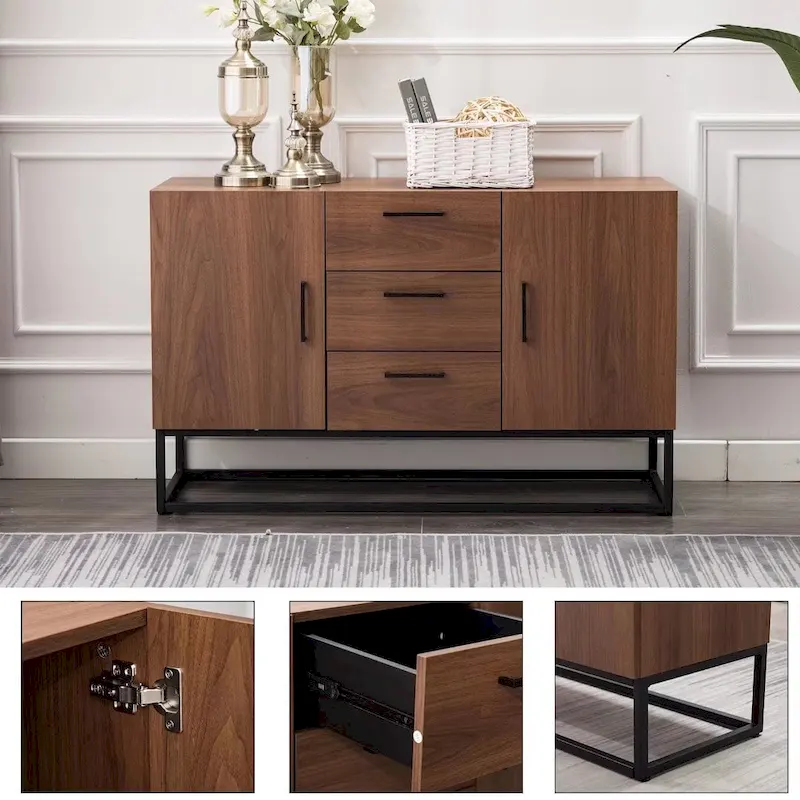 Faux Wood Sideboard with 3 Drawer Server Cabinet