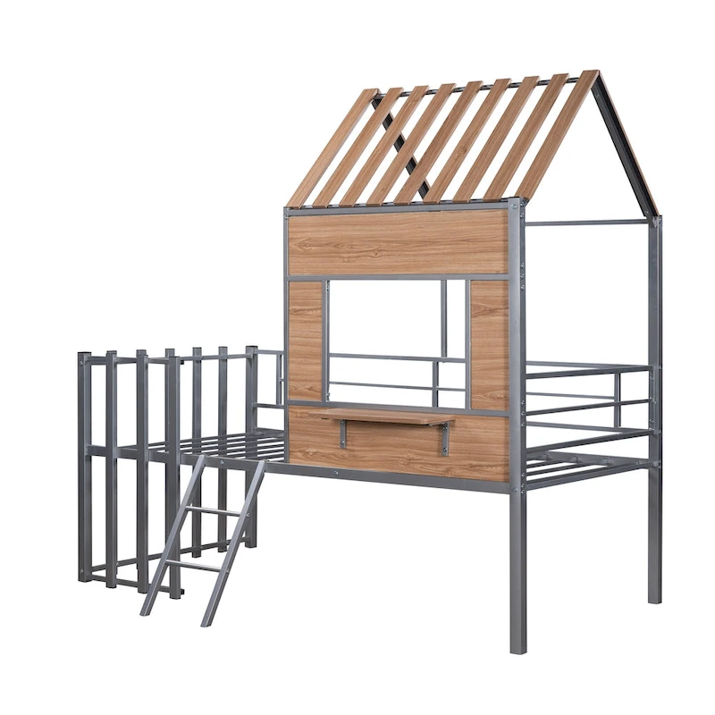 Silver Twin Metal Loft Bed with Roof, Window & Ladder