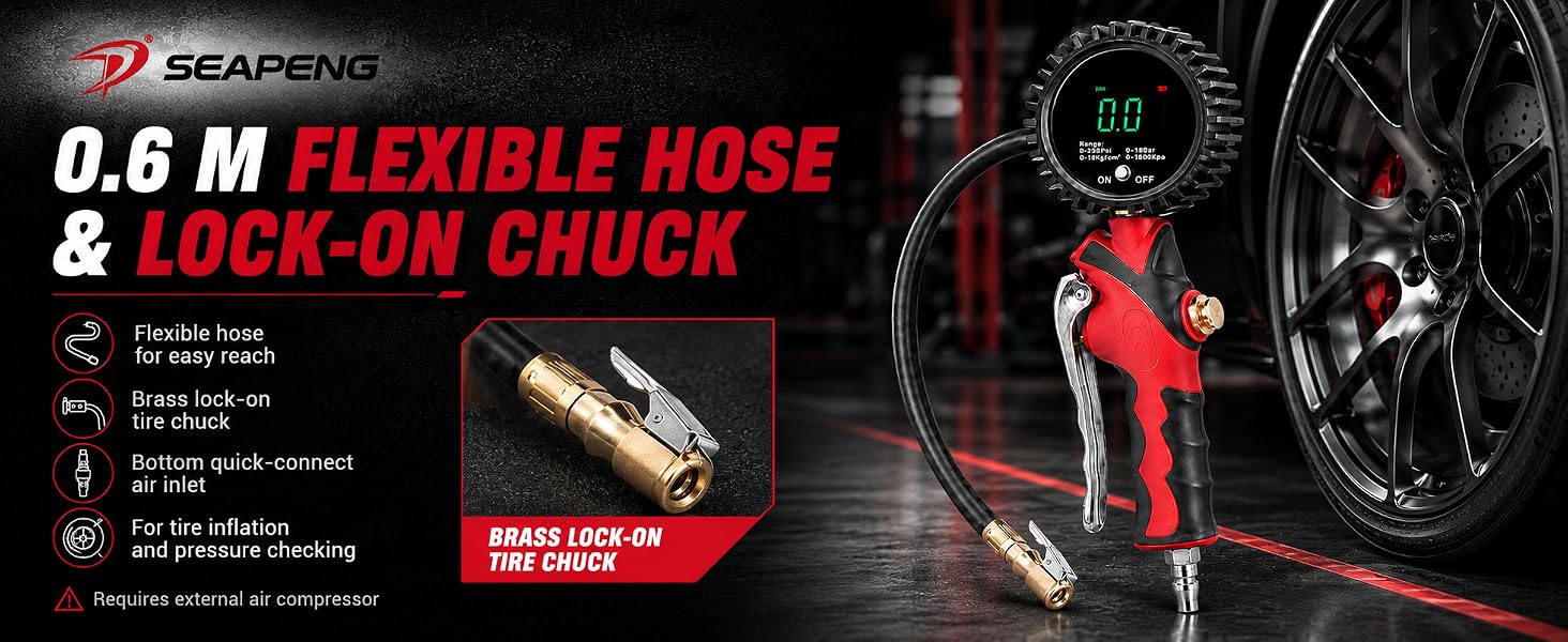 TB-802 tire inflator designed for cars, motorcycles, and commercial vehicles.