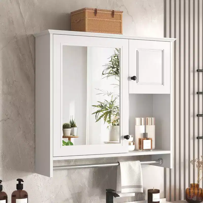 30 in. W x 27 in. H Rectangular MDF Medicine Cabinet with Mirror, Adjustable Shelves, Towel Bar, White