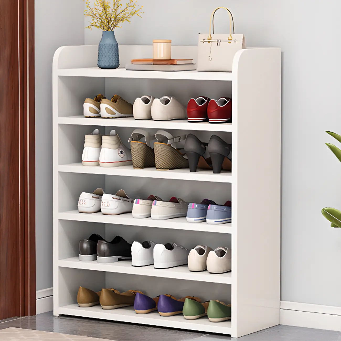 Vertical White Wooden Hallway 6-Tier Open Shoe Rack