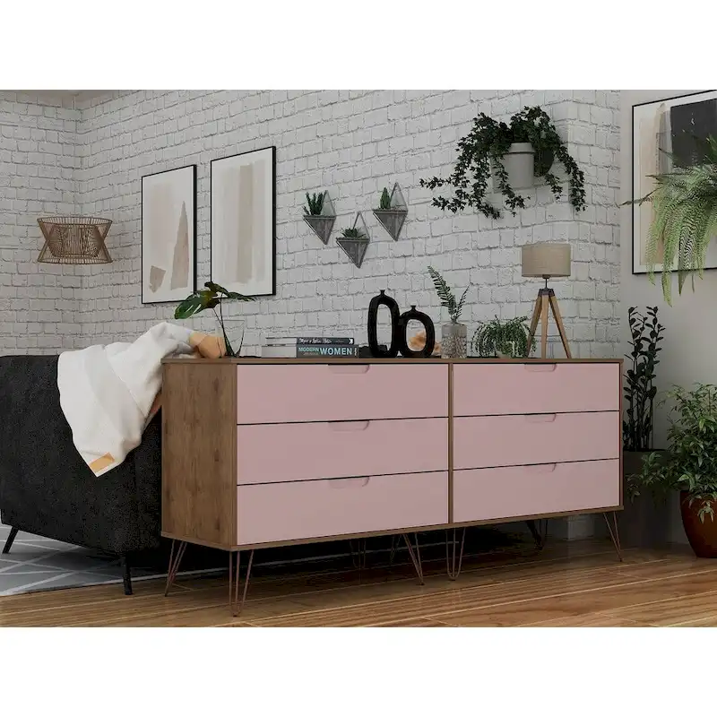 6-Drawer Double Low Dresser with Metal Legs