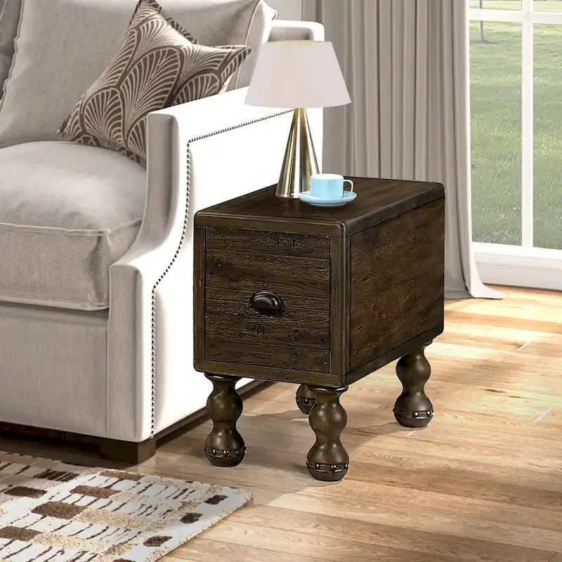 Solid Wood End Table with Drawer, 23.6 inch Narrow Side Table for Small Spaces