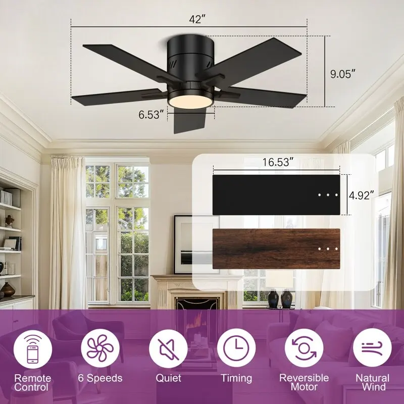 42 inch Black Ceiling Fan with Bluetooth and Remote Control