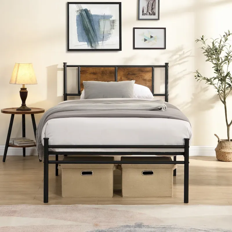 Metal Platform Bed with Wood Panel Headboard, No Box Spring, 10.8" Clearance, Twin/Full/Queen/King