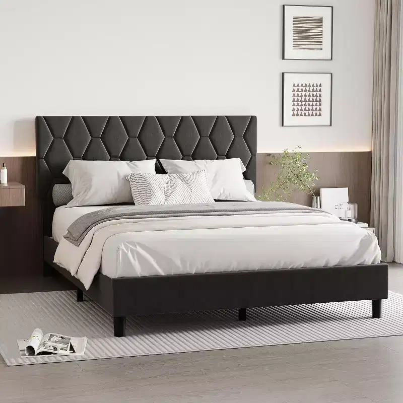 Acekool Upholstered Platform Bed - Queen Size with Headboard & Wood Slats