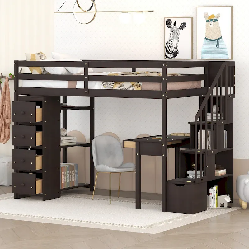 Twin size Loft Bed, with Built in Desk, Drawers, and Storage Stairs