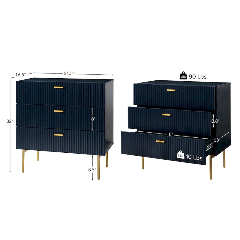 Gilb Modern 3-Drawer Dresser Nightstand with Metal Legs by HULALA HOME