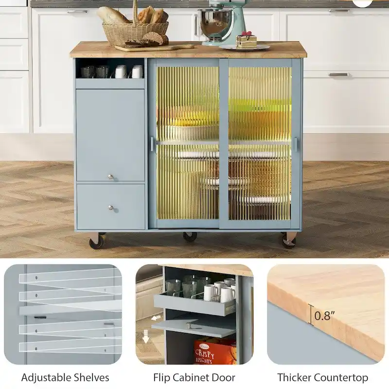LED Light Kitchen Cart with Drop Leaf and Adjustable Shelf