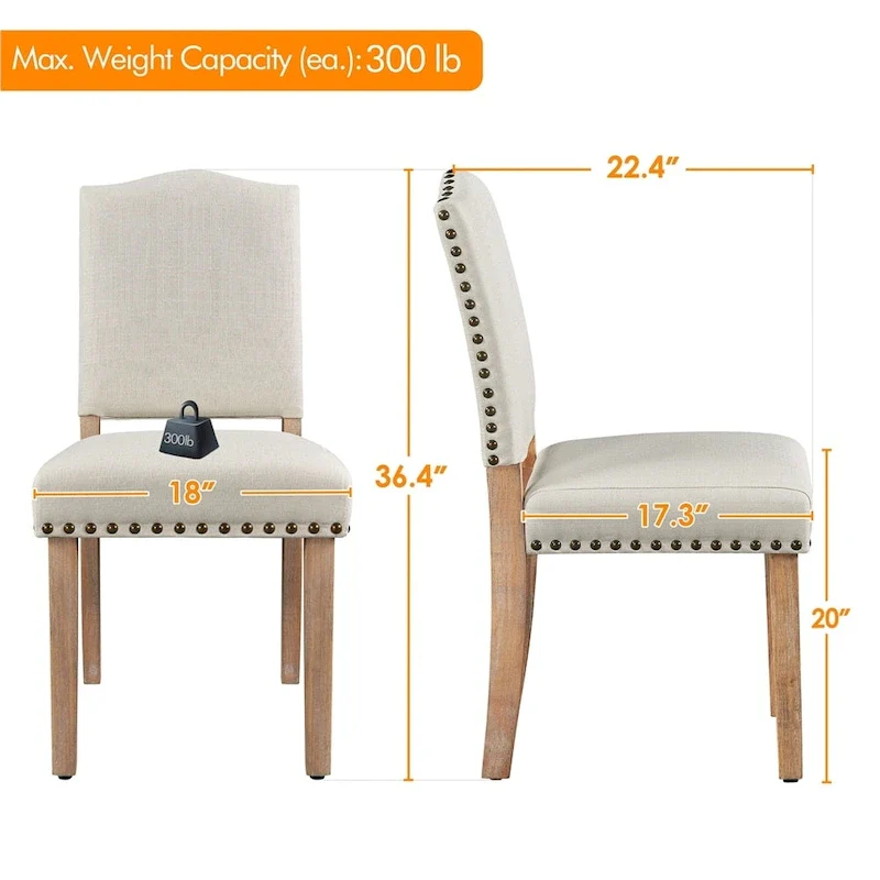 Yaheetech 2PCS Dining Chairs Upholstered Kitchen Chairs with Nailhead Trim - 18 L  22.5 W  36.5 H