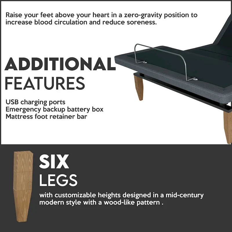 Onetan, Adjustable Bed Base with headboard, Wireless remote,Zero Gravity, Underbed Lighting, Grey