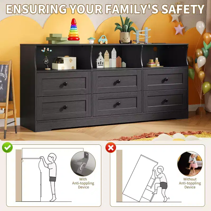 6-Drawer Dresser with RGB Lights & Power Outlet, Black / Gray / White