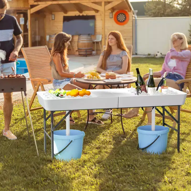Costway 5 FT Foldable Ice Table w/Double-Sink Detachable Table Skirt Chilling Table