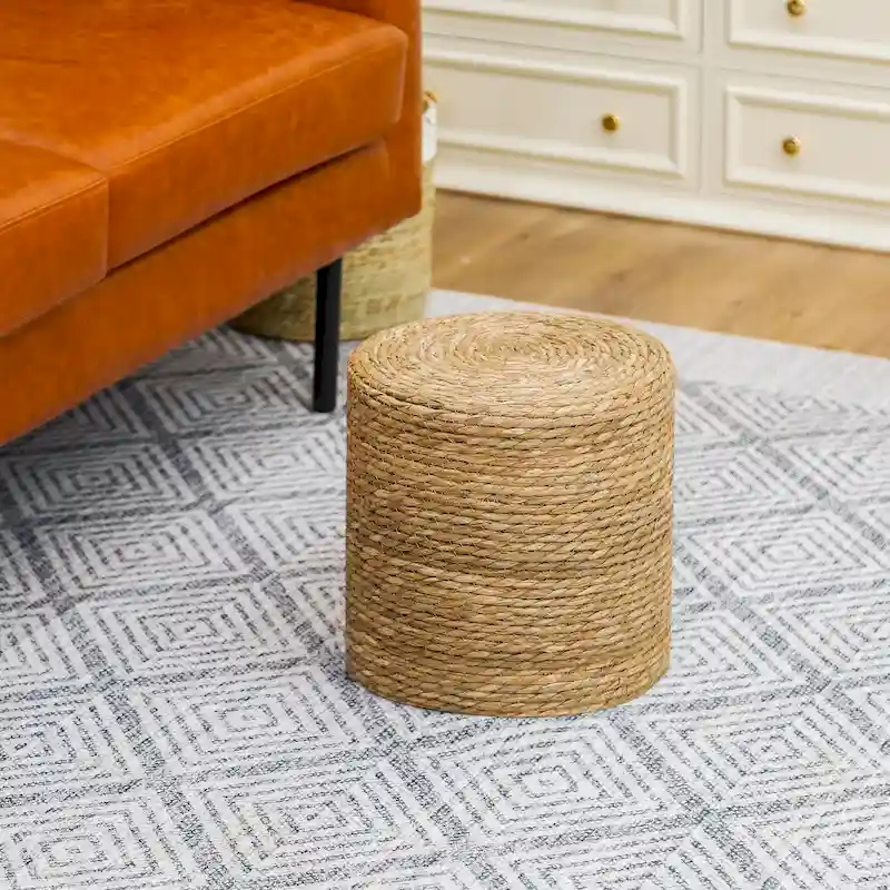 Adeco Round Ottoman Natural Cattail Hand Weave Foot Stool