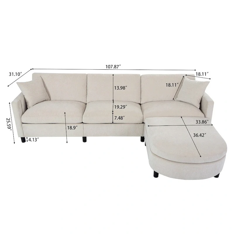 108 Modern Fabric Sectional Sofa with Ottoman and Pillows