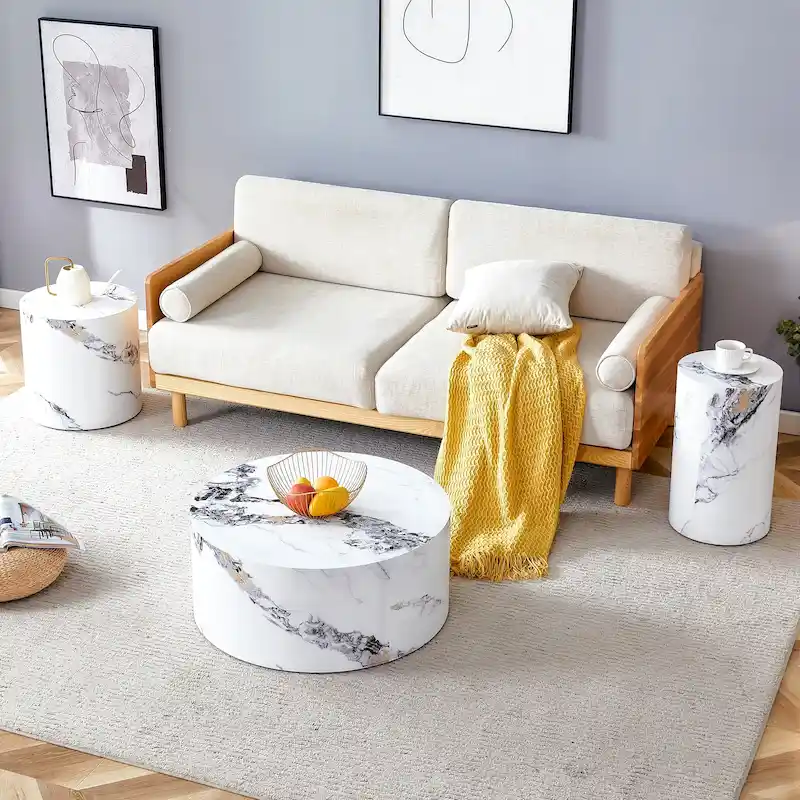 Modern 3-piece Round Coffee Table Set with Wood Grain Sticker Desktop for Living Room