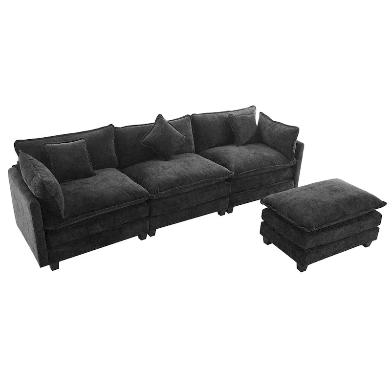 L-Shape Chenille Upholstered Sofa with Ottoman