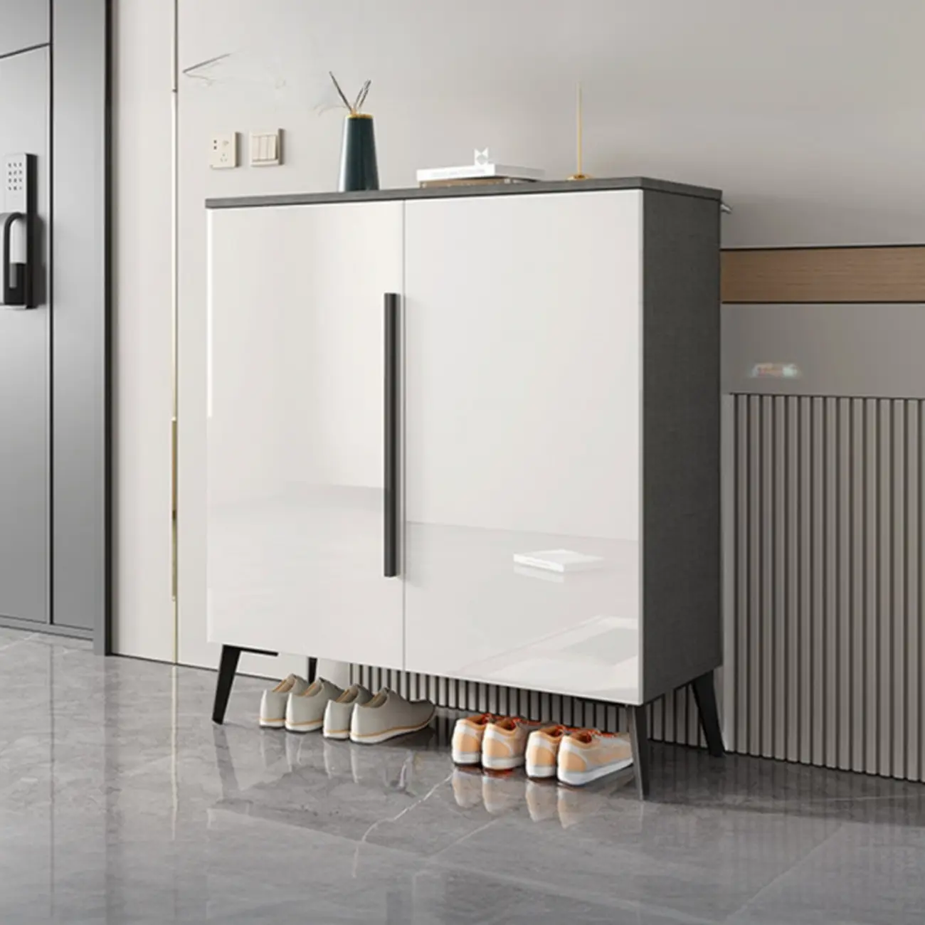 Trendy Gray-White Wooden Shoe Cabinet with Display Top