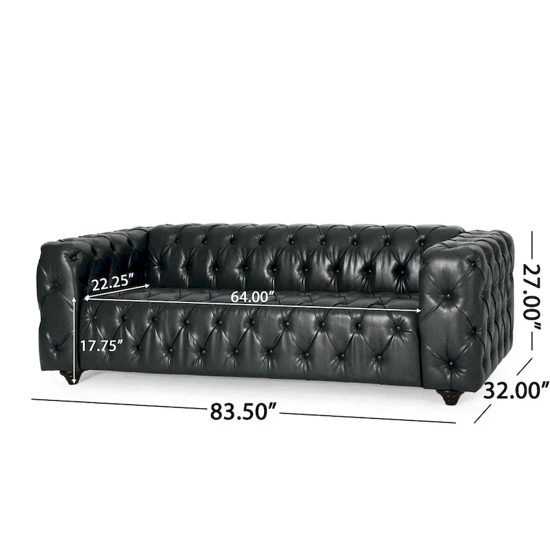 Black Modern 83.5 Faux Leather Button Tufted 3-Seater Sofa with Wood Legs