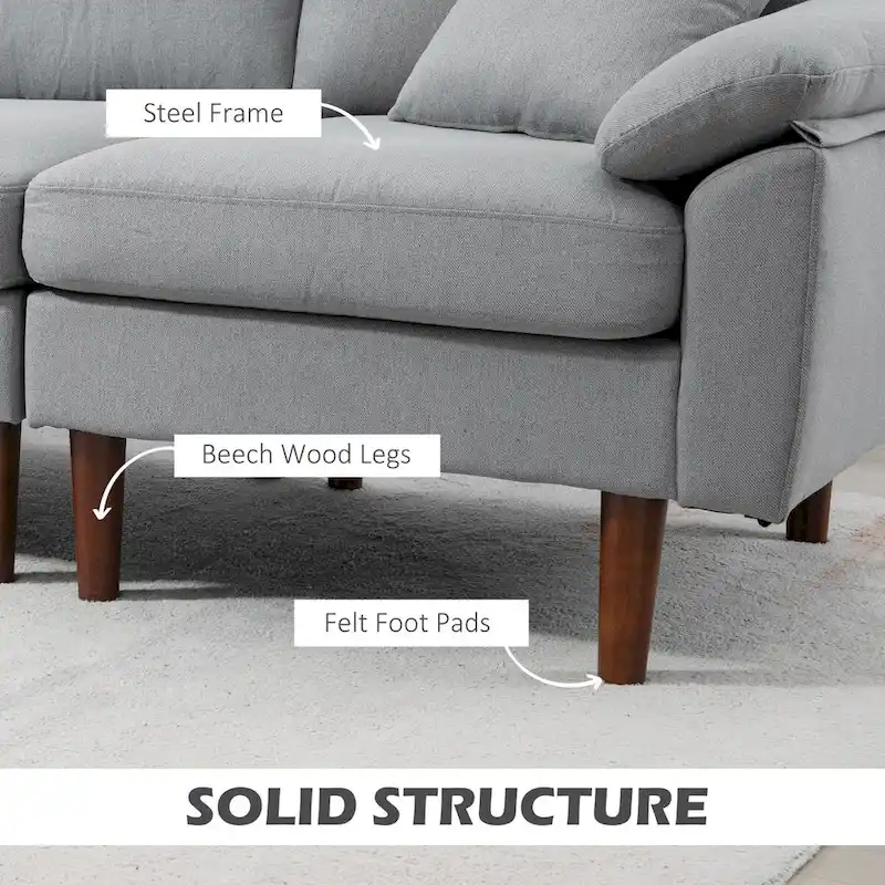 HOMCOM Fabric Sectional Couch with Reversible Sleeper Sofa, Modern L Shaped Sectional Sofa with Pillows, Wooden Legs