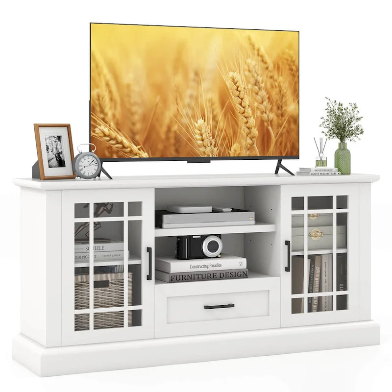 Gymax Farmhouse TV Stand for TVs up to 70 Media Center w/Glass Doors