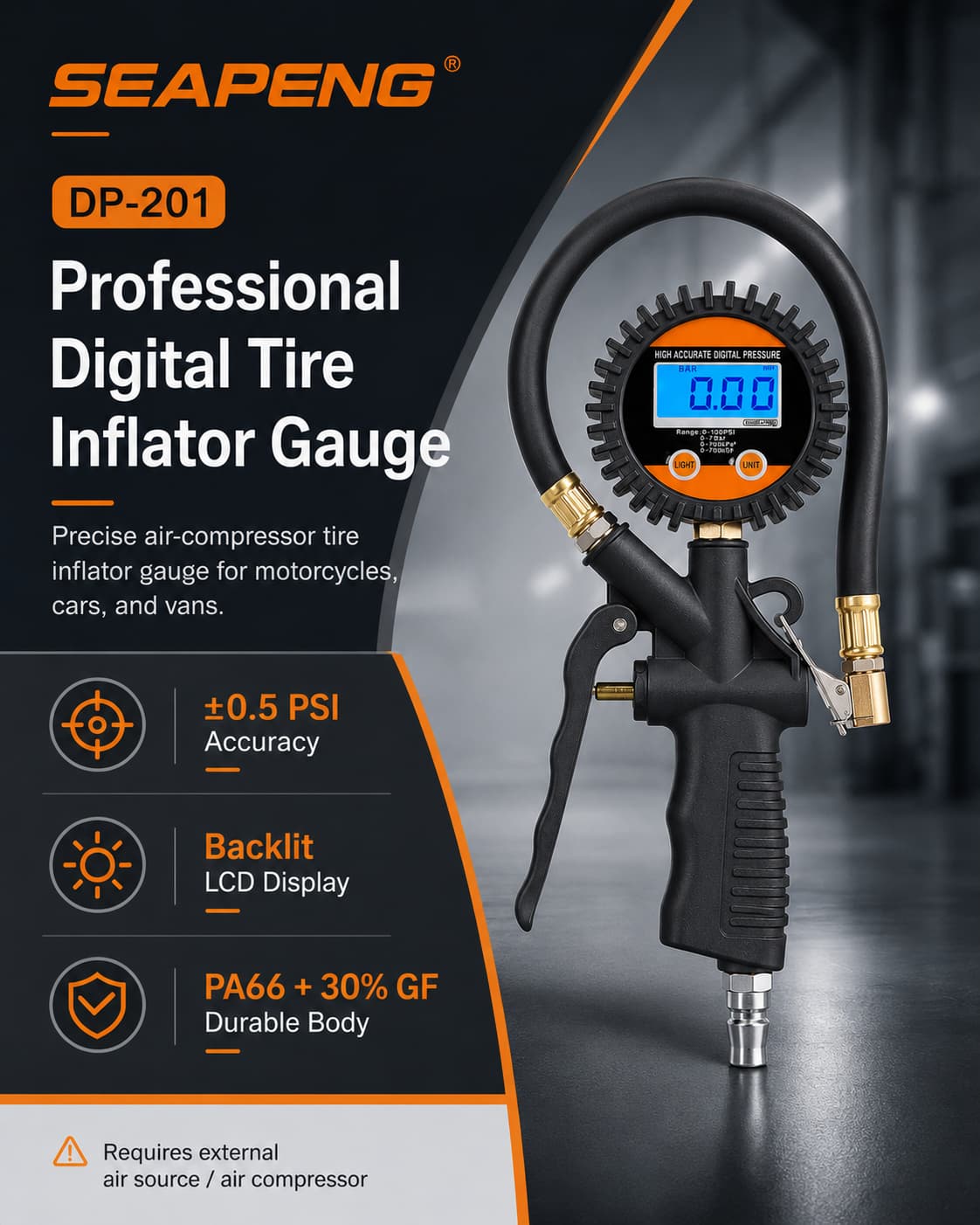 SEAPENG DP-201 Digital Tire Pressure Gauge, 5-100 PSI for cars, trucks, RVs and garages
