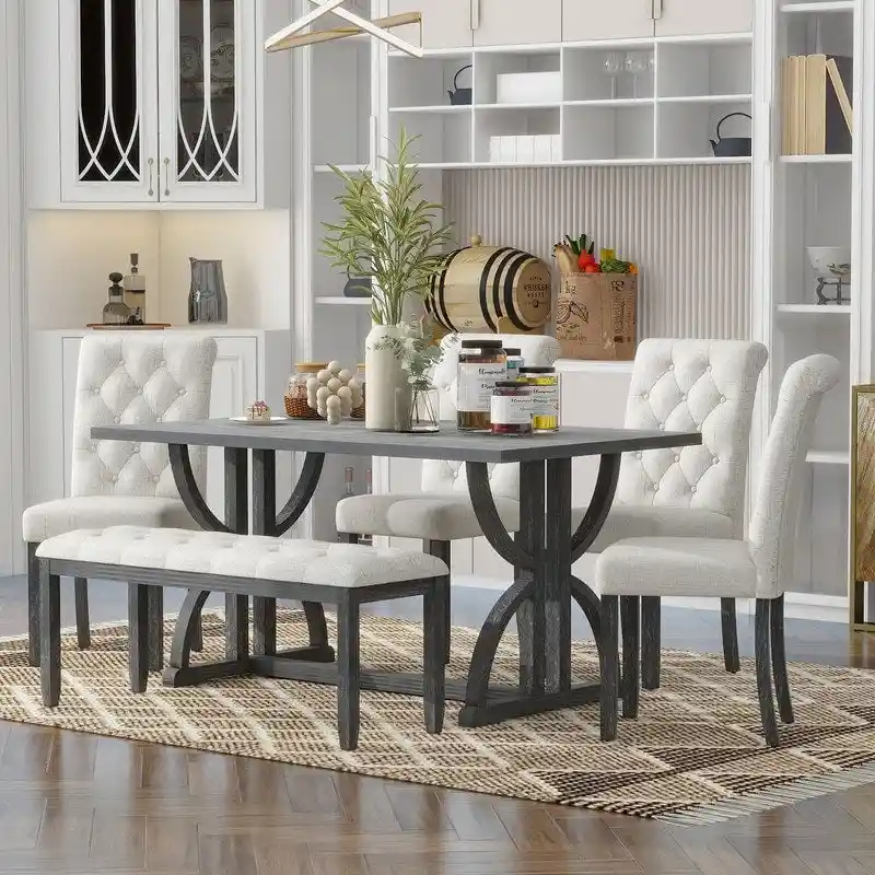 6-Piece Retro Rectangular Dining Table Set, Table with Unique Legs and 4 Upholstered Chairs & 1 Bench for Dining Room
