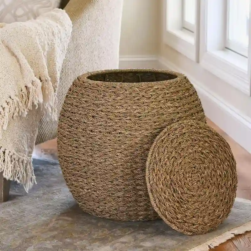 Household Essentials Handwoven Barrel Wicker Storage Basket Side Table - 17.0  L x 17.0  W x 19.0  H