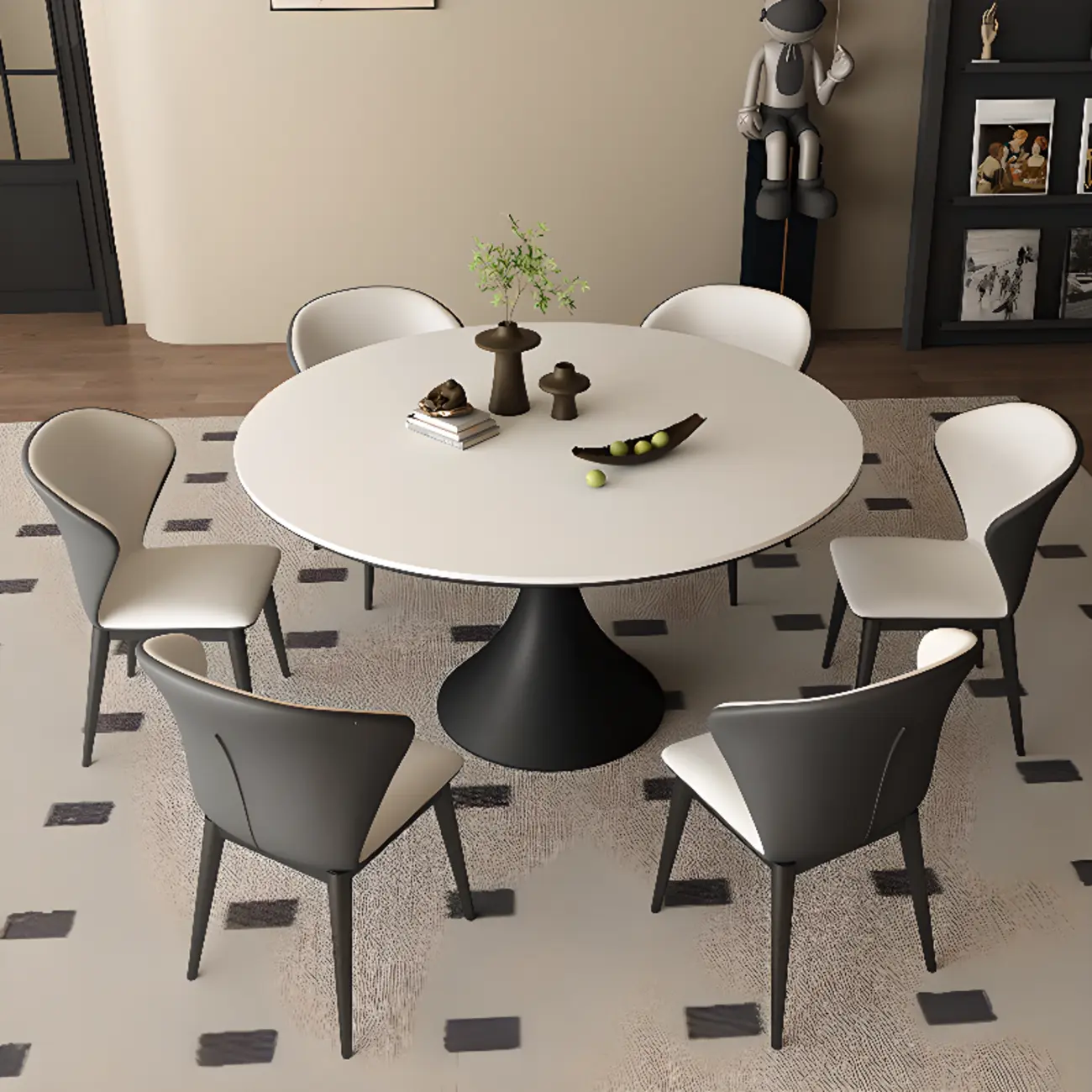 Modern Black Pedestal White Stone Top Round Dining Table