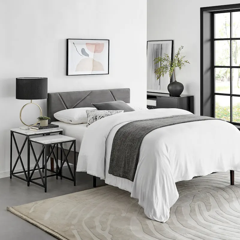 Modern Square Marble Finish Veneer Top Black Metal Frame Nesting End Tables - Set of 2