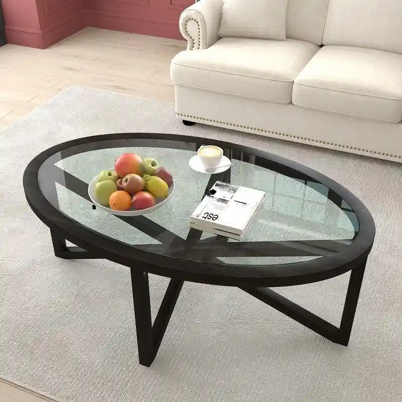 Modern Glass Coffee Table X-Cross Solid Wood Base End Table