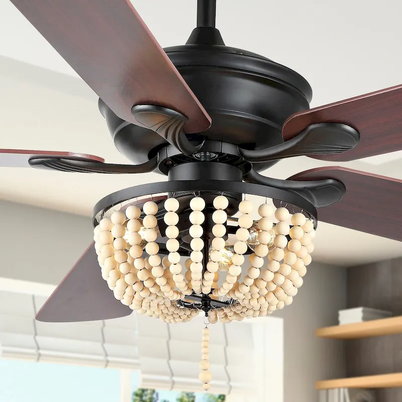 Quinn 52  3-Light Rustic Farmhouse Iron/Wood Bead Mobile-App/Remote-Controlled LED Ceiling Fan, by JONATHAN Y