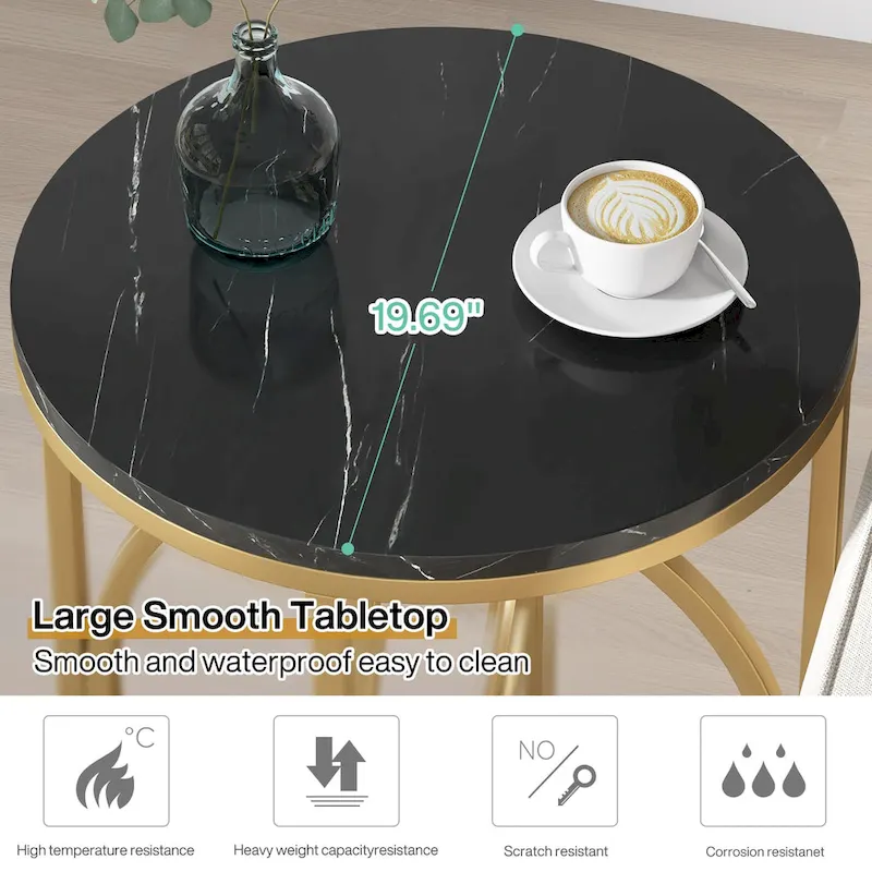 20 in. Marble White Round Wood End Table with Gold O-shaped Base