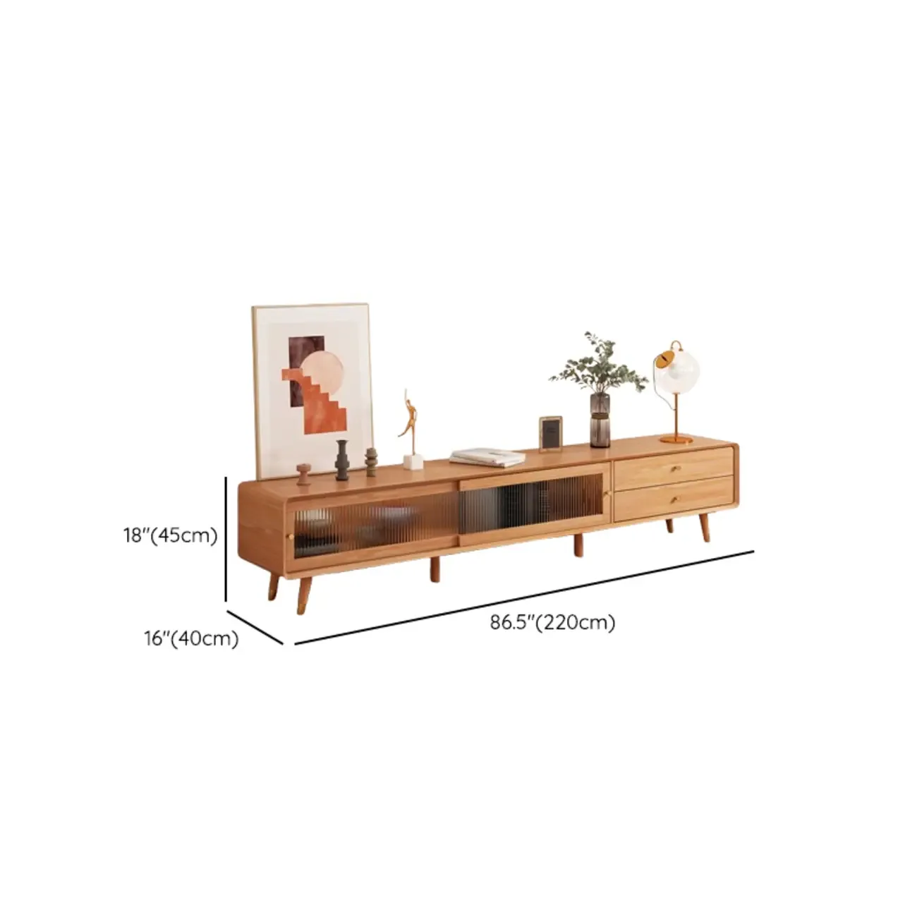 Long Brown 2-Drawer Pine Modern TV Stand with Cabinet