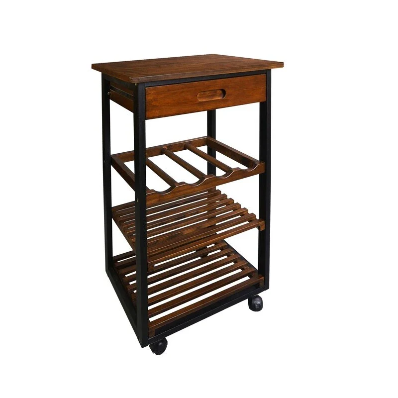 Solid Wood 4-Tier Rolling Kitchen Cart with Wine Rack and Drawer