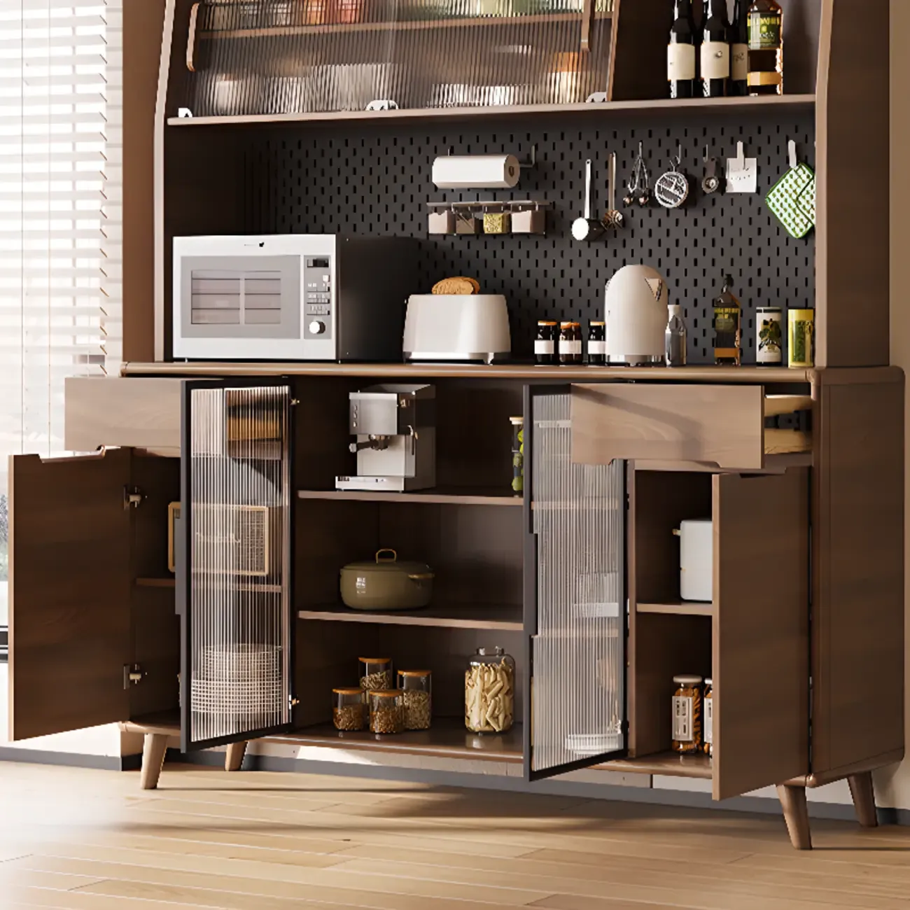Kitchen Brown Wooden Hutch Top Sideboards with Pegboard Back