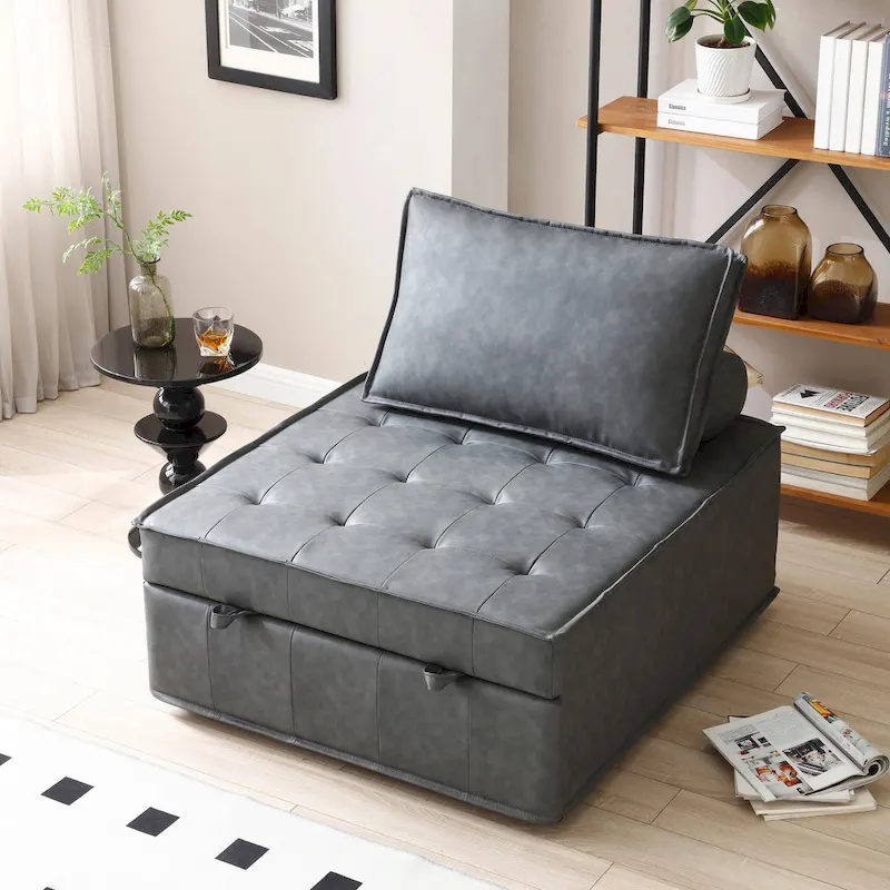 39 Faux Leather Single Ottoman Pull-Out Sofa Bed with Adjustable Backrest