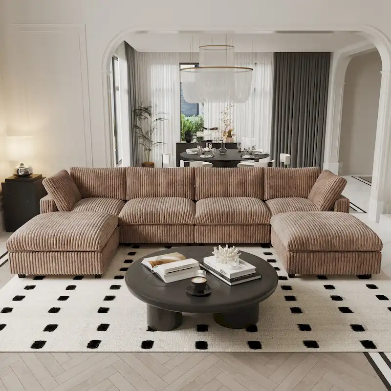 Beige 6-Seat U-Shape Modular Sectional Sofa with Cushions