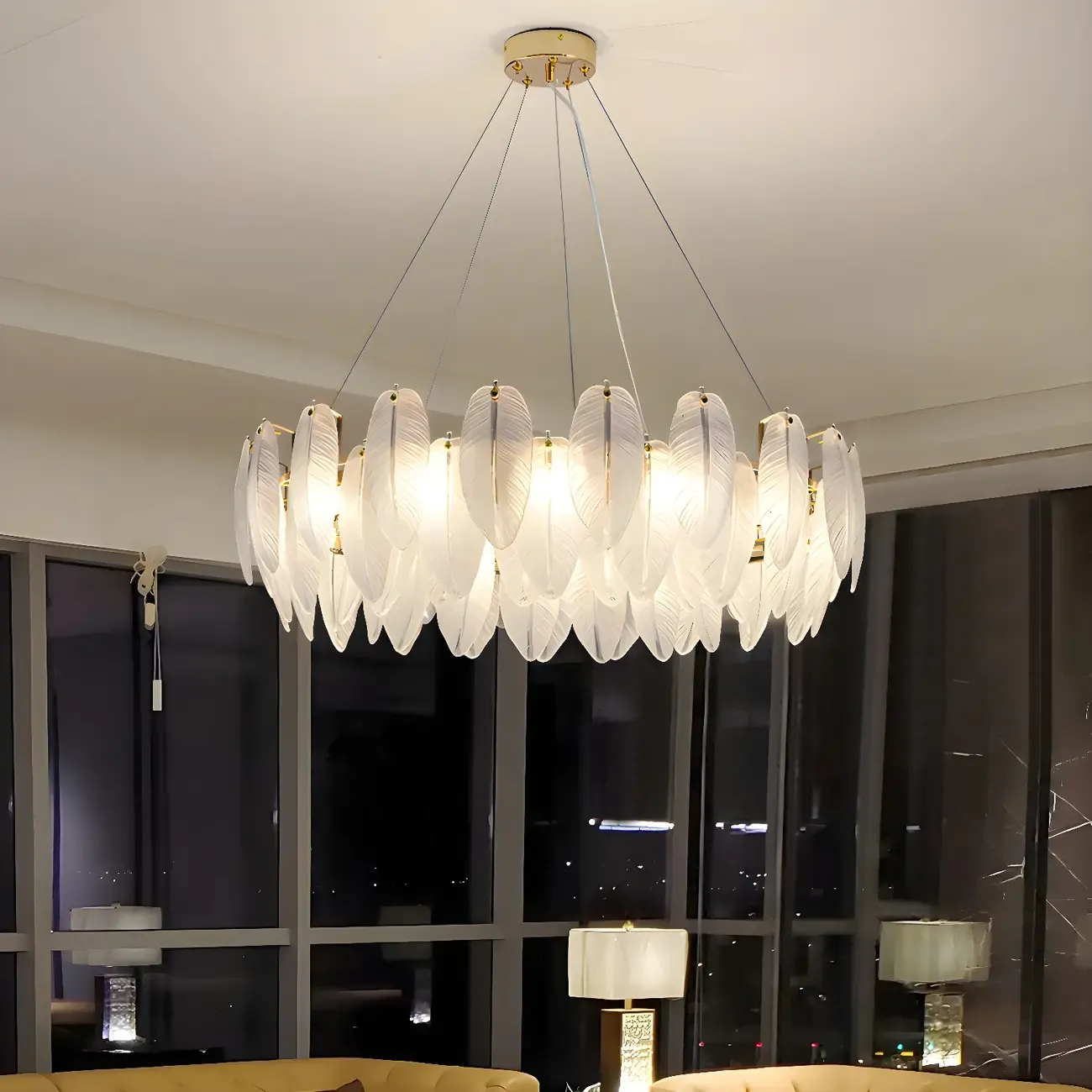Elegant White Glass Feather Round Chandelier