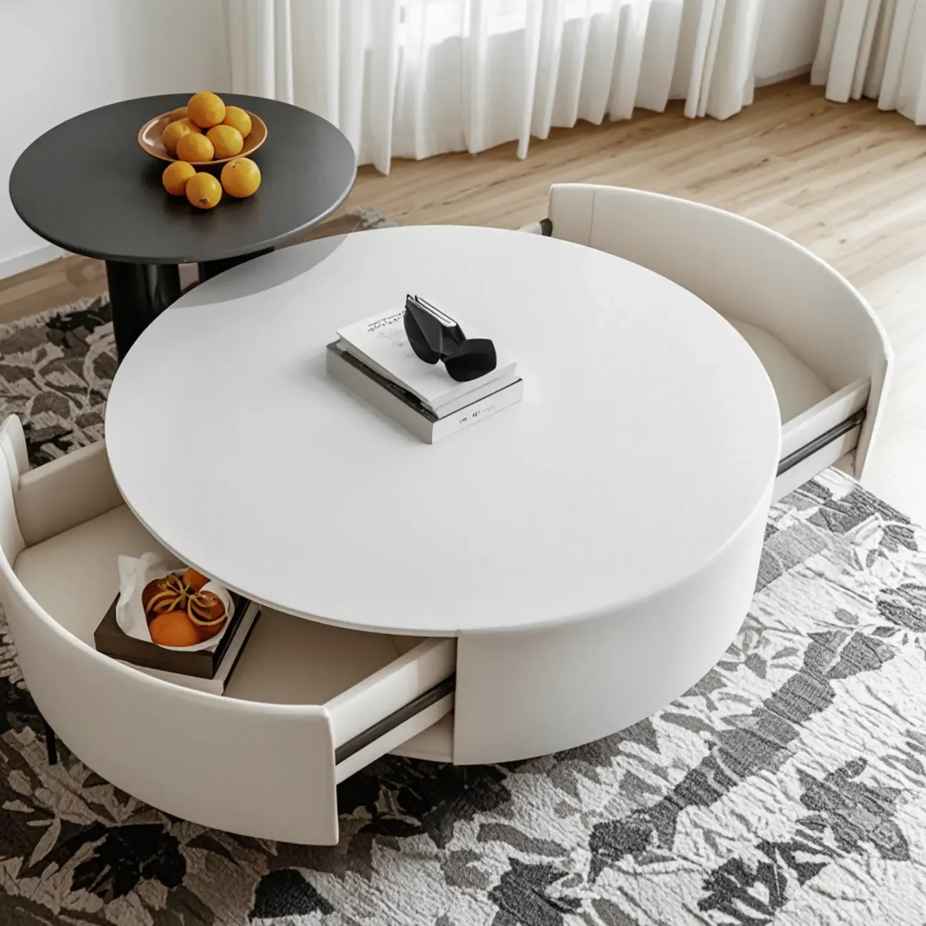 Black White Modern Stylish Round Wood Drawer Coffee Table