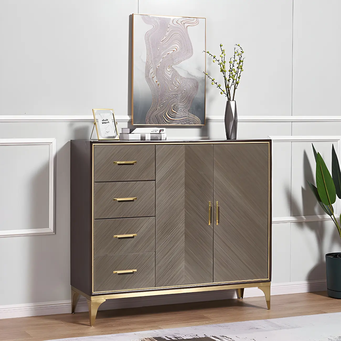 Glam Wooden Sideboard with Drawers & Adjustable Shelves