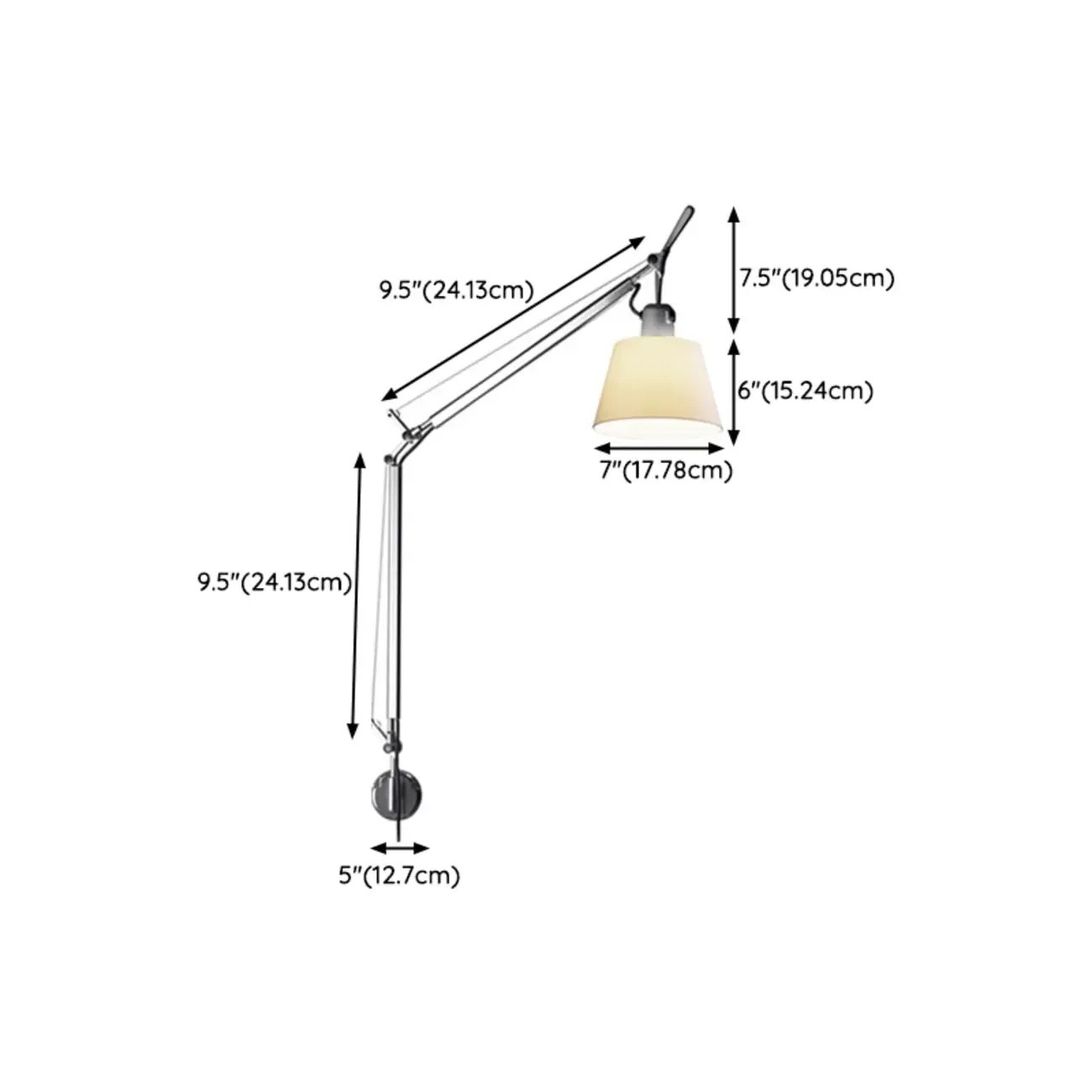 Modern Silver Swing Arm Wall Light with White Fabric Shade