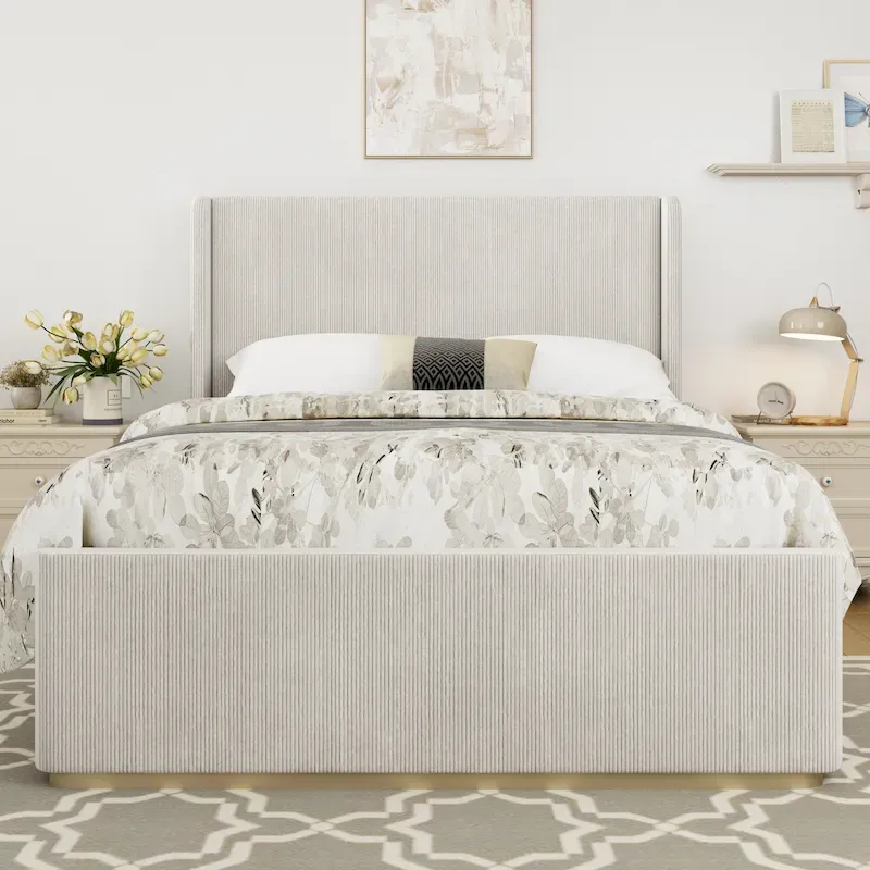King Size Corduroy Upholstered Bed with 47 Wingback Headboard with Metal/Wood Frame (No Box Spring Needed)