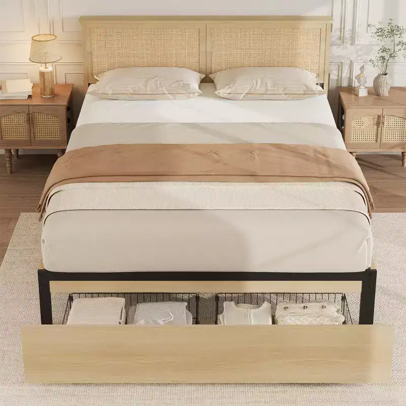 Natural Rattan Boho Platform Bed with 2 Drawers, Full, Sleeps 2