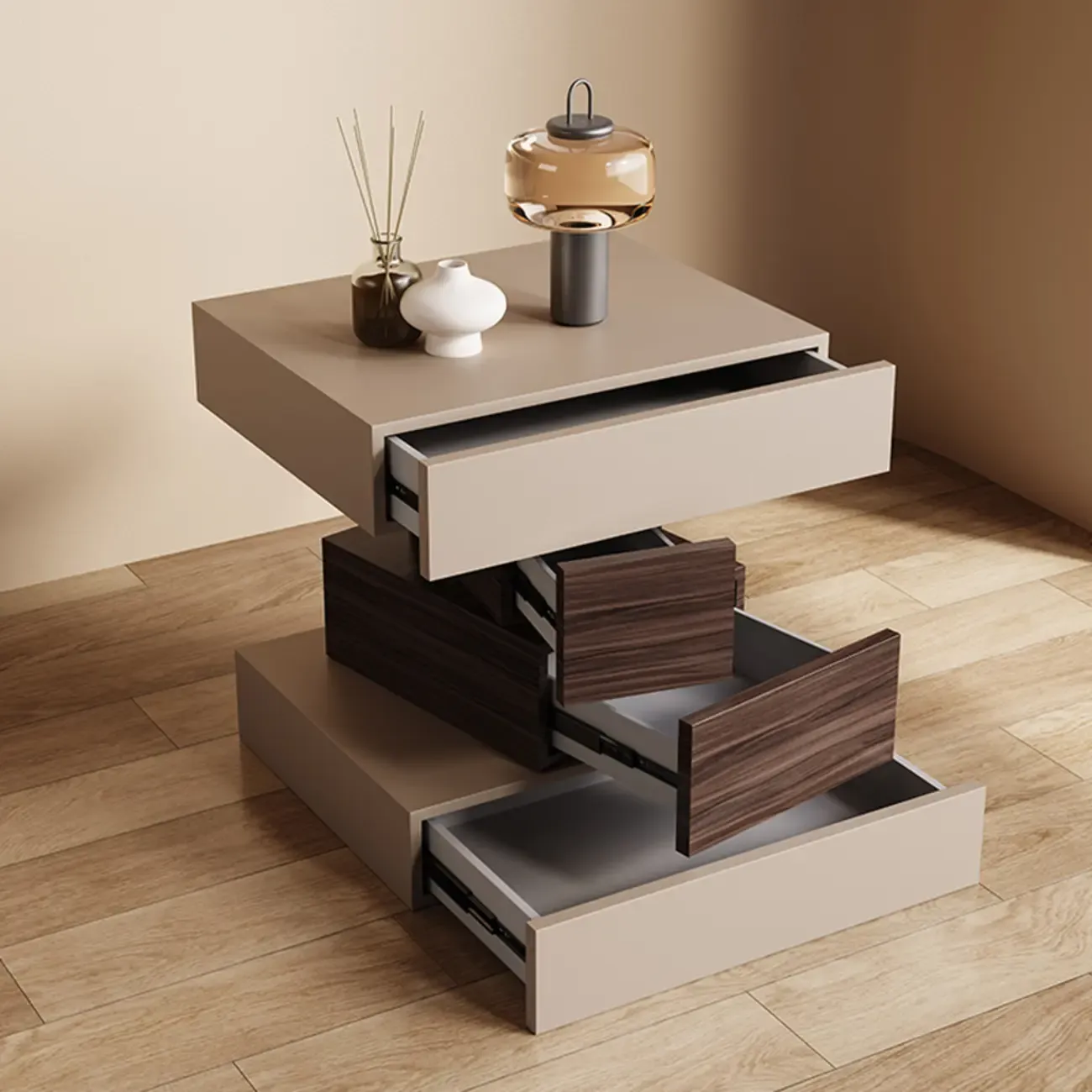 Narrow 4 Drawers Leather Top Walnut Nightstand